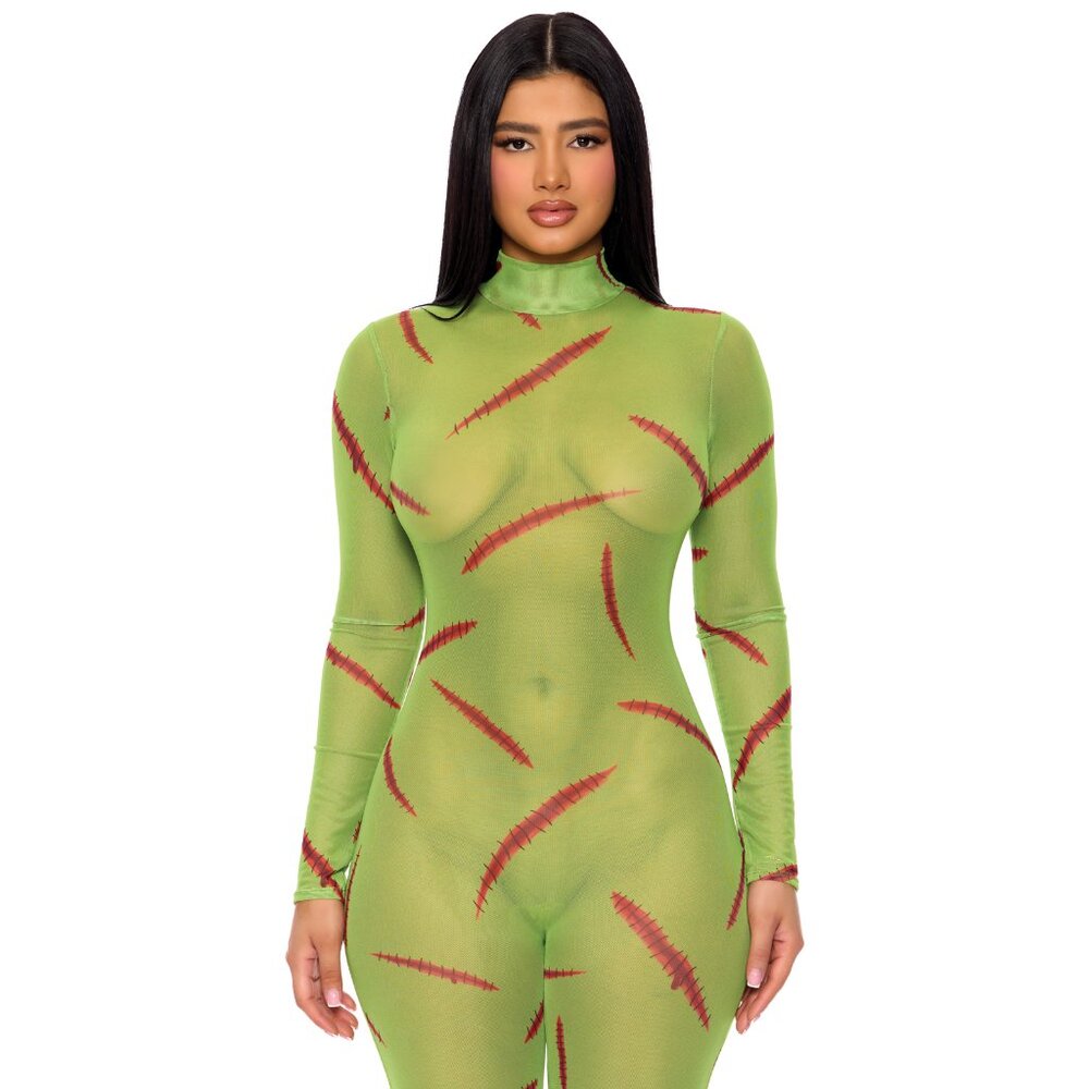 Sheer Mesh Monster Slashed with Stitches Print Jumpsuit